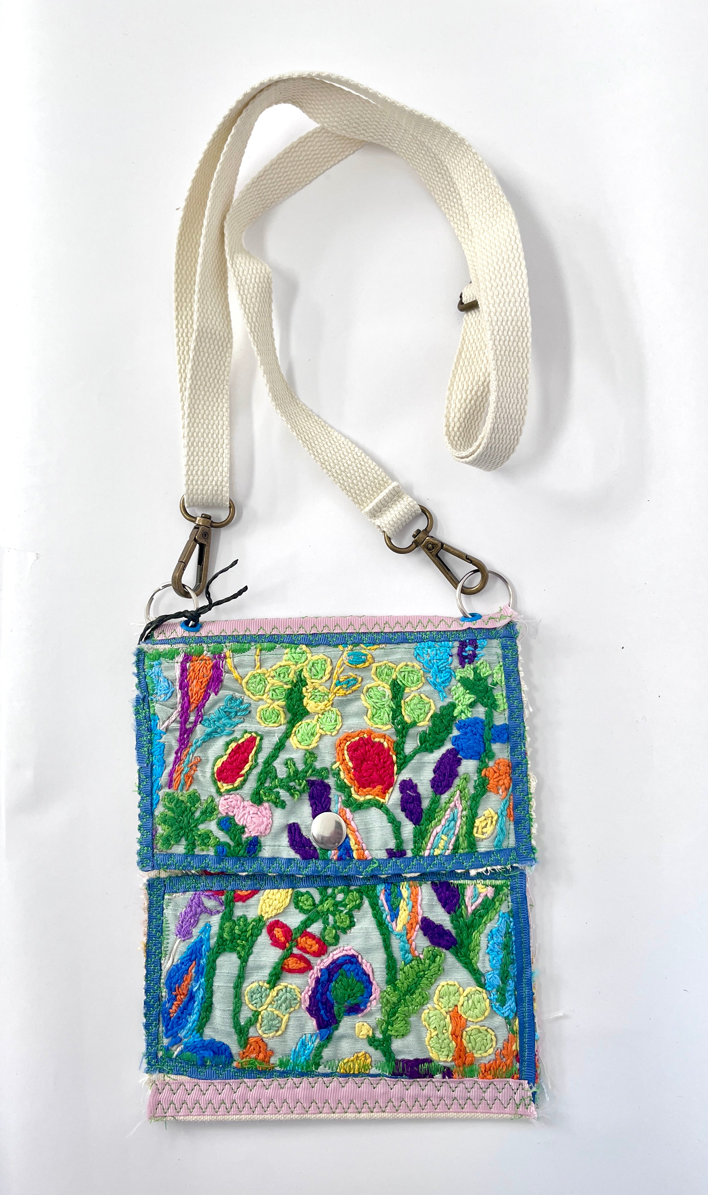 Embroidered bag by Sarah Gibson on recycled fabric